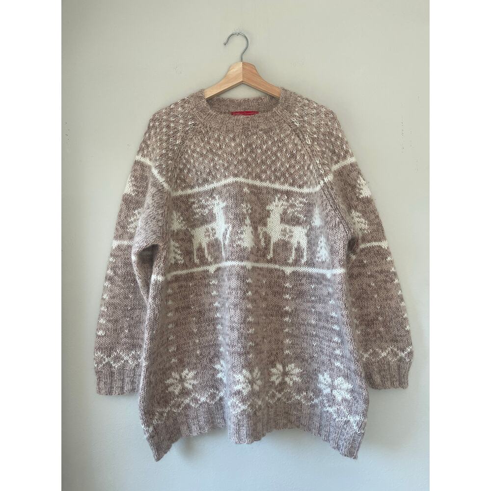 Venezia Jeans Beige and Cream Fair Isle Mohair Sweater - Reindeer Motif Size XL